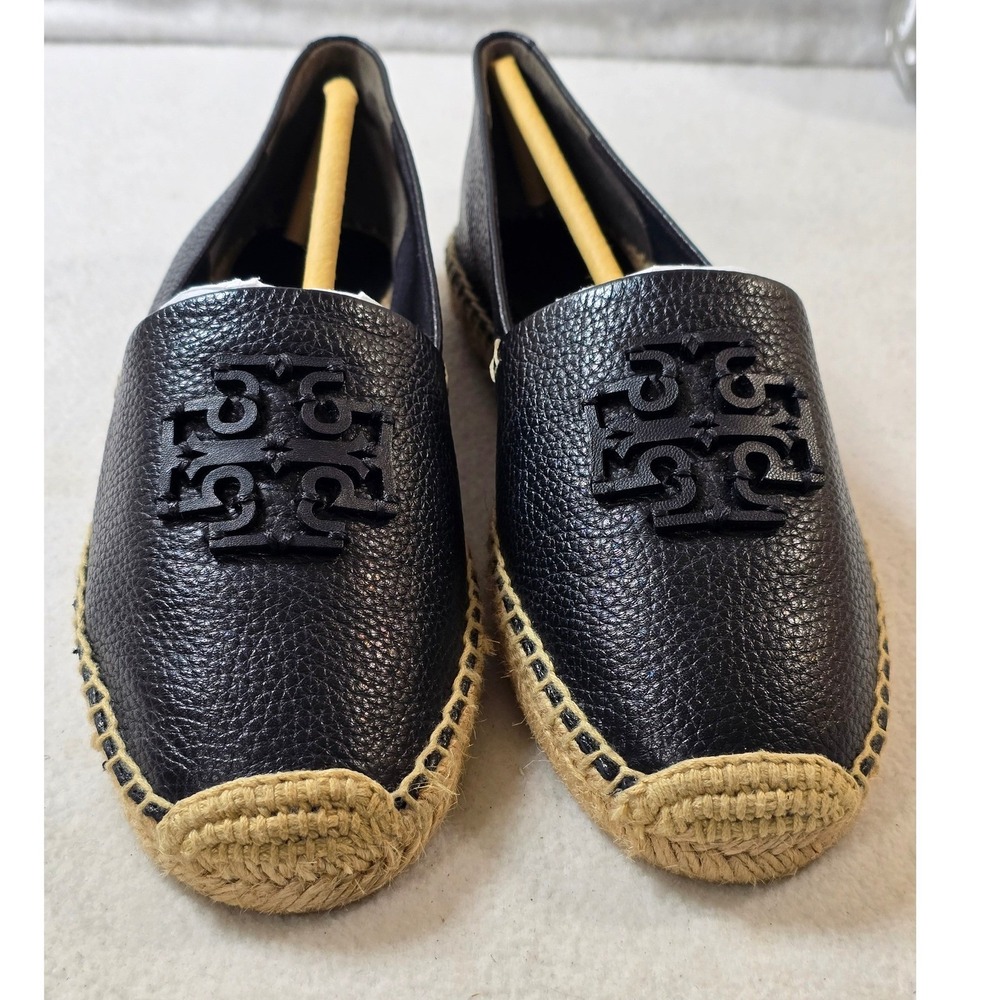 Tory Burch Espadrilles Leather Black Logo Slip On Loafers Shoes Size 8.5 - Picture 4 of 14